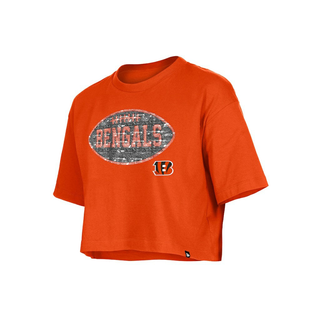 Cincinnati Bengals New Era Girl's Flip Sequin Boxy T-Shirt - Orange for sale