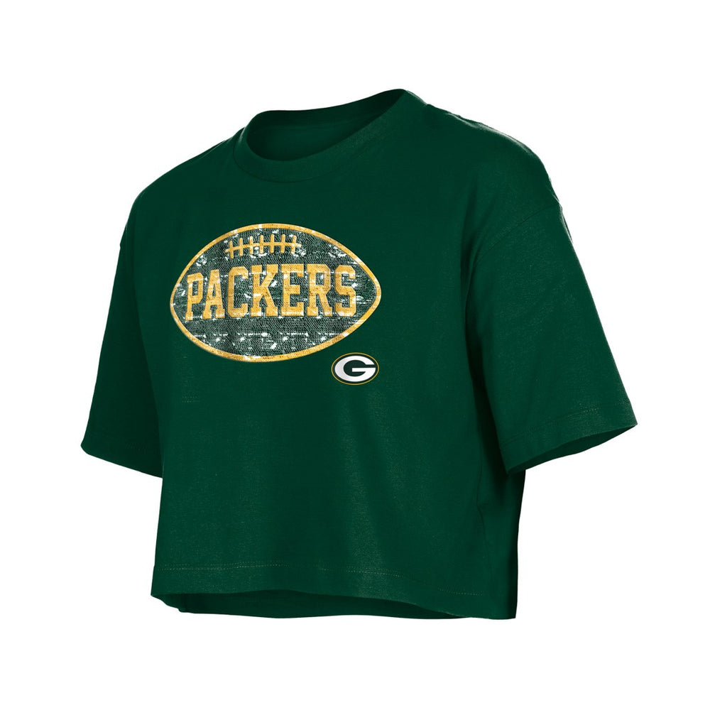 Green Bay Packers New Era Girl's Flip Sequin Boxy T-Shirt - Green outlet