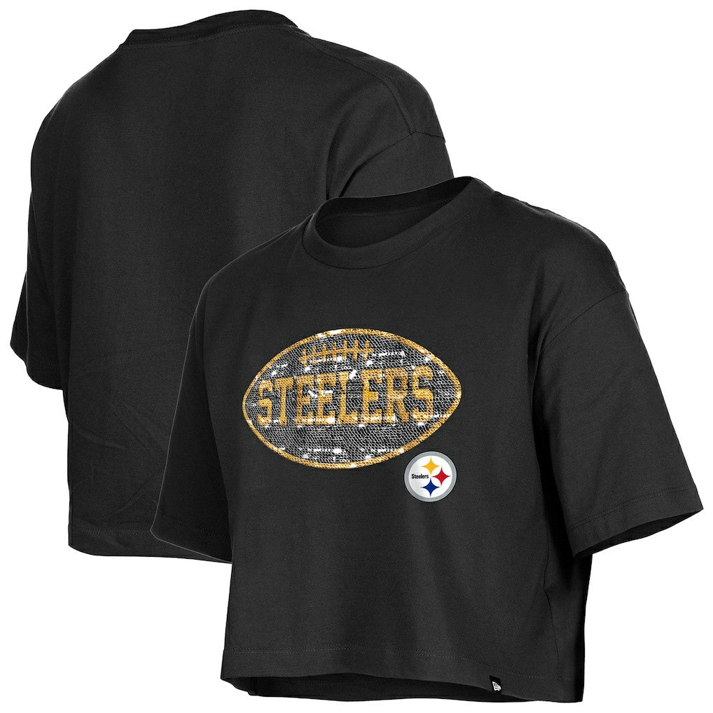 Pittsburgh Steelers New Era Girl's Flip Sequin Boxy T-Shirt - Black for sale