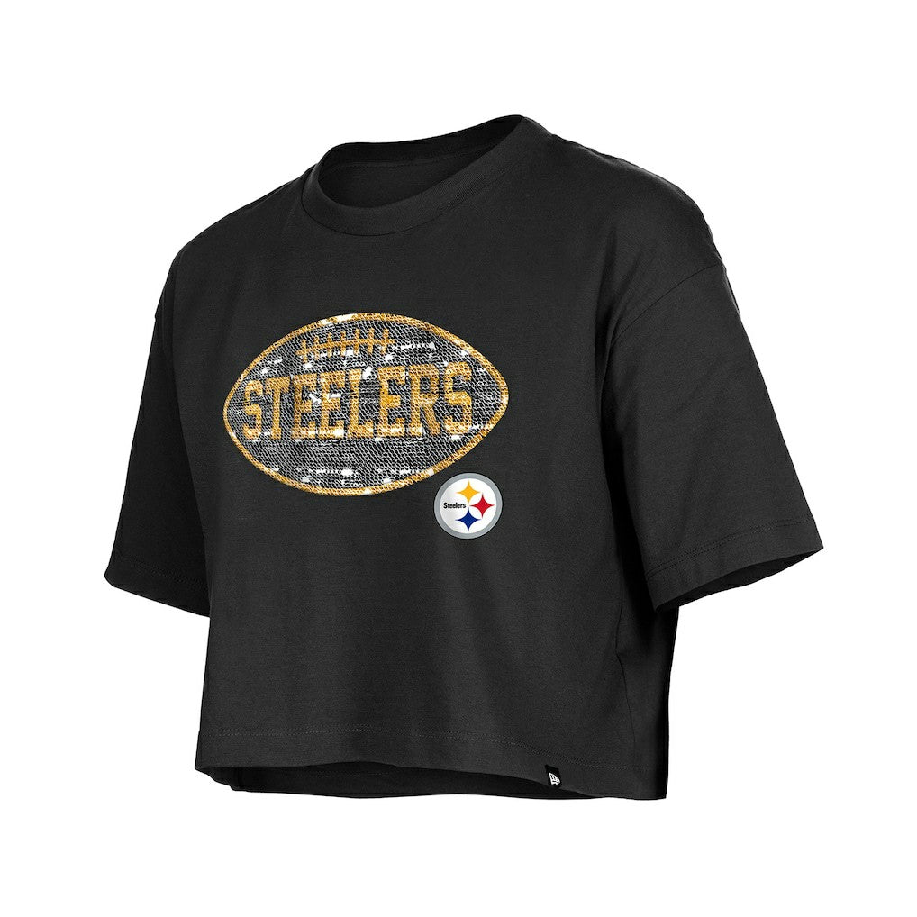 Pittsburgh Steelers New Era Girl's Flip Sequin Boxy T-Shirt - Black for sale