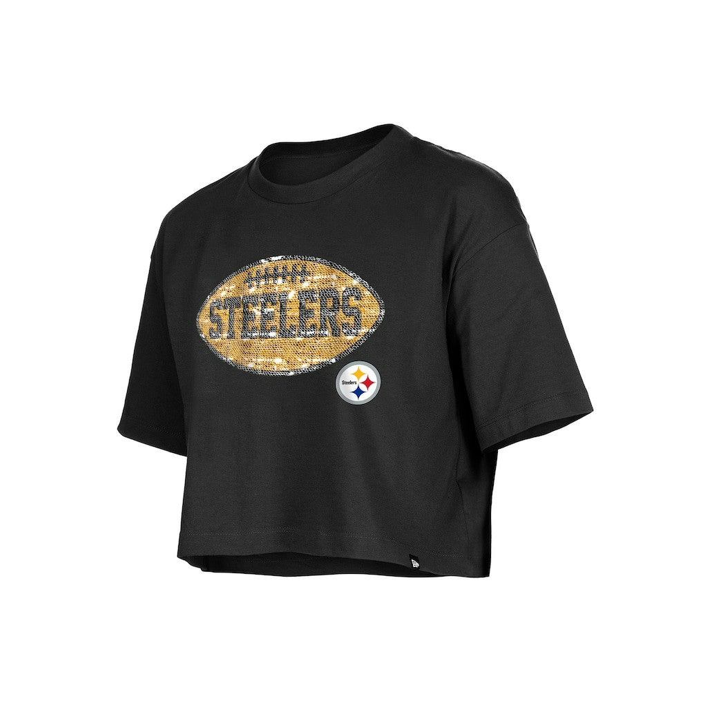 Pittsburgh Steelers New Era Girl's Flip Sequin Boxy T-Shirt - Black for sale