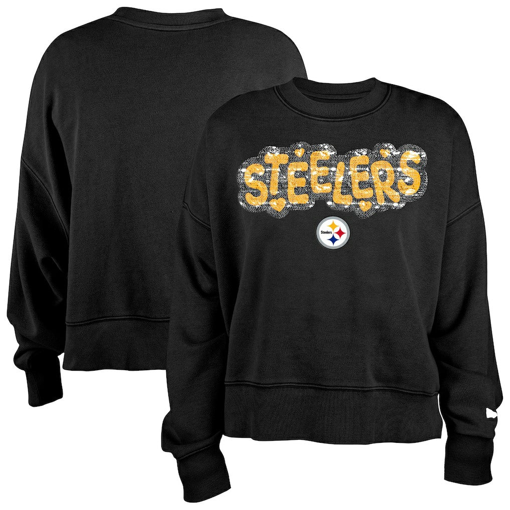 Pittsburgh Steelers New Era Girl's Flip Sequin Sweatshirt - Black for sale