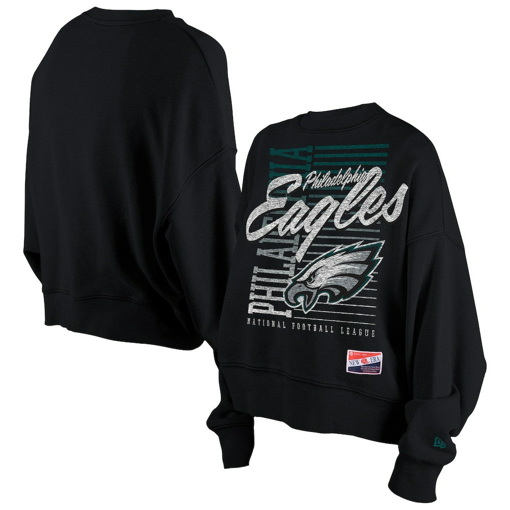 Philadelphia Eagles New Era Women's Oversized Throwback Mineral Wash Crew Neck Sweatshirt - Black outlet
