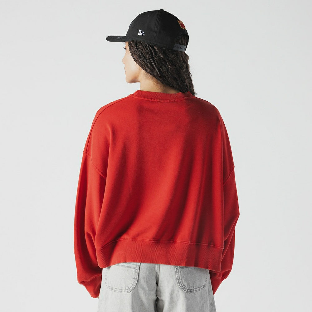 San Francisco 49ers New Era Women's Oversized Throwback Mineral Wash Crew Neck Sweatshirt - Scarlet for sale