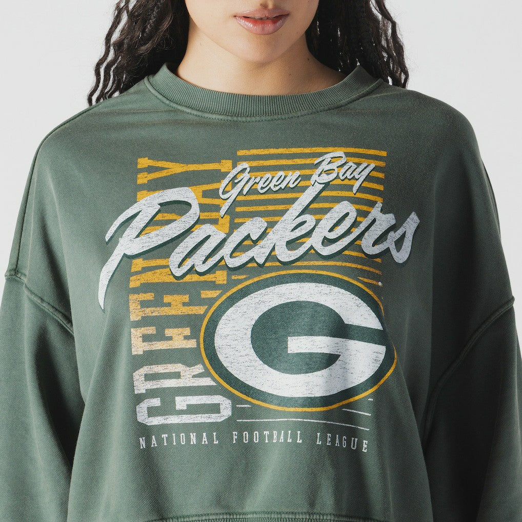 Green Bay Packers New Era Women's Oversized Throwback Mineral Wash Crew Neck Sweatshirt - Green cheap
