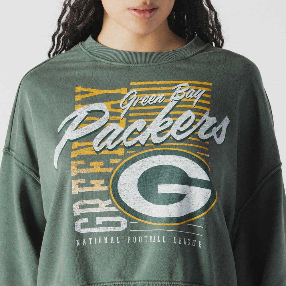 Green Bay Packers New Era Women's Oversized Throwback Mineral Wash Crew Neck Sweatshirt - Green cheap