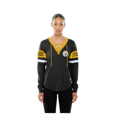 Pittsburgh Steelers New Era Women's Throwback Lace-Up Long-Sleeve T-Shirt - Black cheap