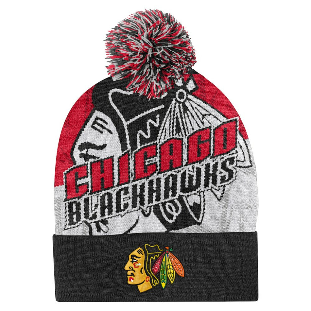 Chicago Blackhawks Outerstuff Youth New Edge Cuffed Knit Hat with Pom - Red Hats