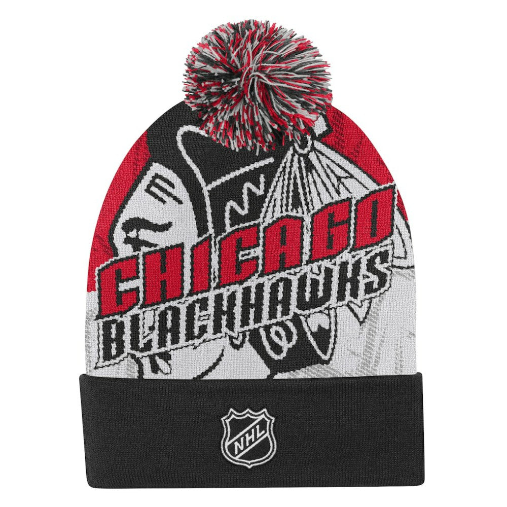Chicago Blackhawks Outerstuff Youth New Edge Cuffed Knit Hat with Pom - Red Hats