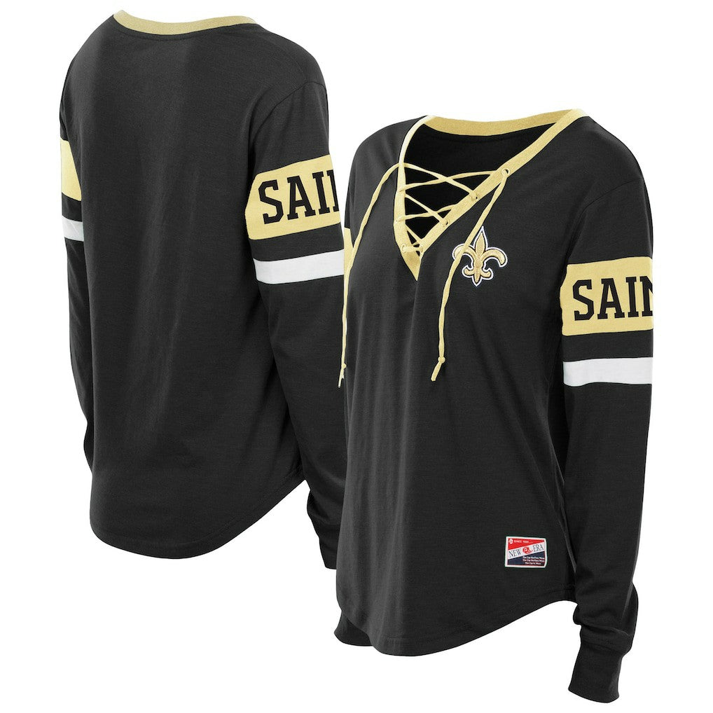 New Orleans Saints New Era Women's Plus Size Throwback Lace-Up Long Sleeve T-Shirt - Black online