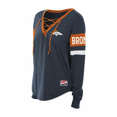 Denver Broncos New Era Women's Plus Size Throwback Lace-Up Long Sleeve T-Shirt - Navy sale
