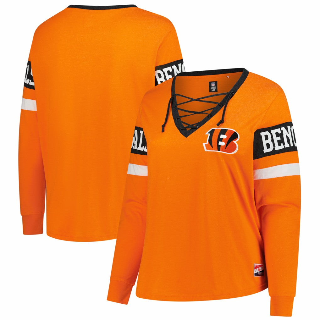Cincinnati Bengals New Era Women's Plus Size Throwback Lace-Up Long Sleeve T-Shirt - Orange on sale