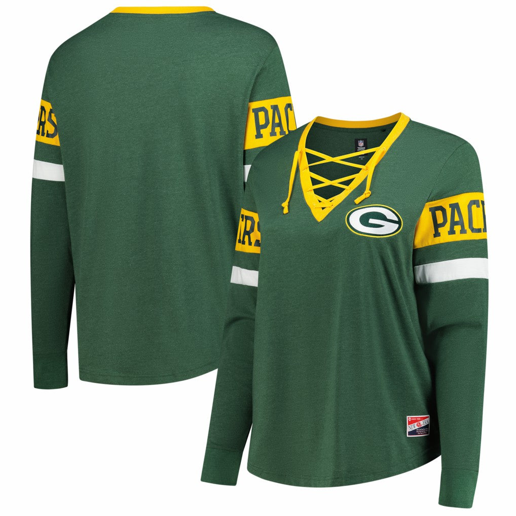 Green Bay Packers New Era Women's Plus Size Throwback Lace-Up Long Sleeve T-Shirt - Green online