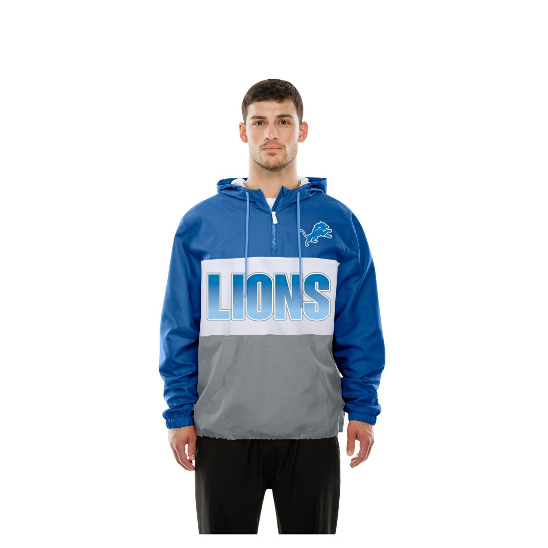 Detroit Lions New Era Ripstop Quarter-Zip Hooded Windbreaker - Blue on sale