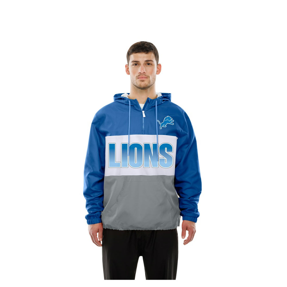 Detroit Lions New Era Ripstop Quarter-Zip Hooded Windbreaker - Blue on sale