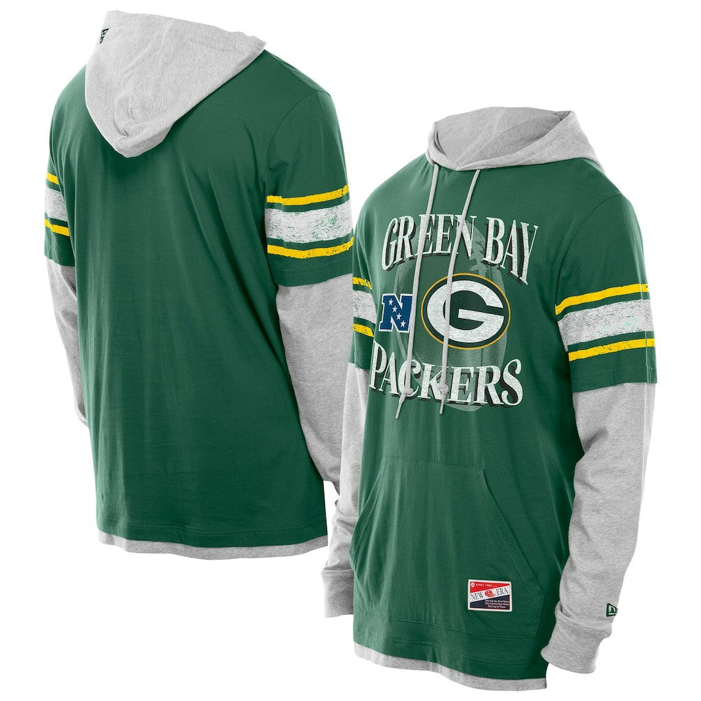 Green Bay Packers New Era Twofer Layered Long Sleeve Hoodie T-Shirt - Green for sale