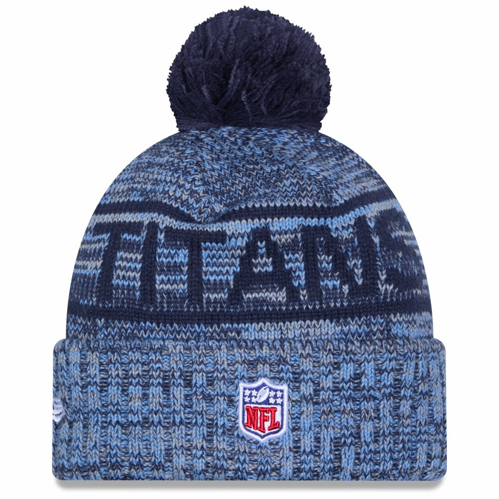 Tennessee Titans New Era 2025 Sideline Cold Weather Cuffed Knit Hat with Pom - Light Blue for sale