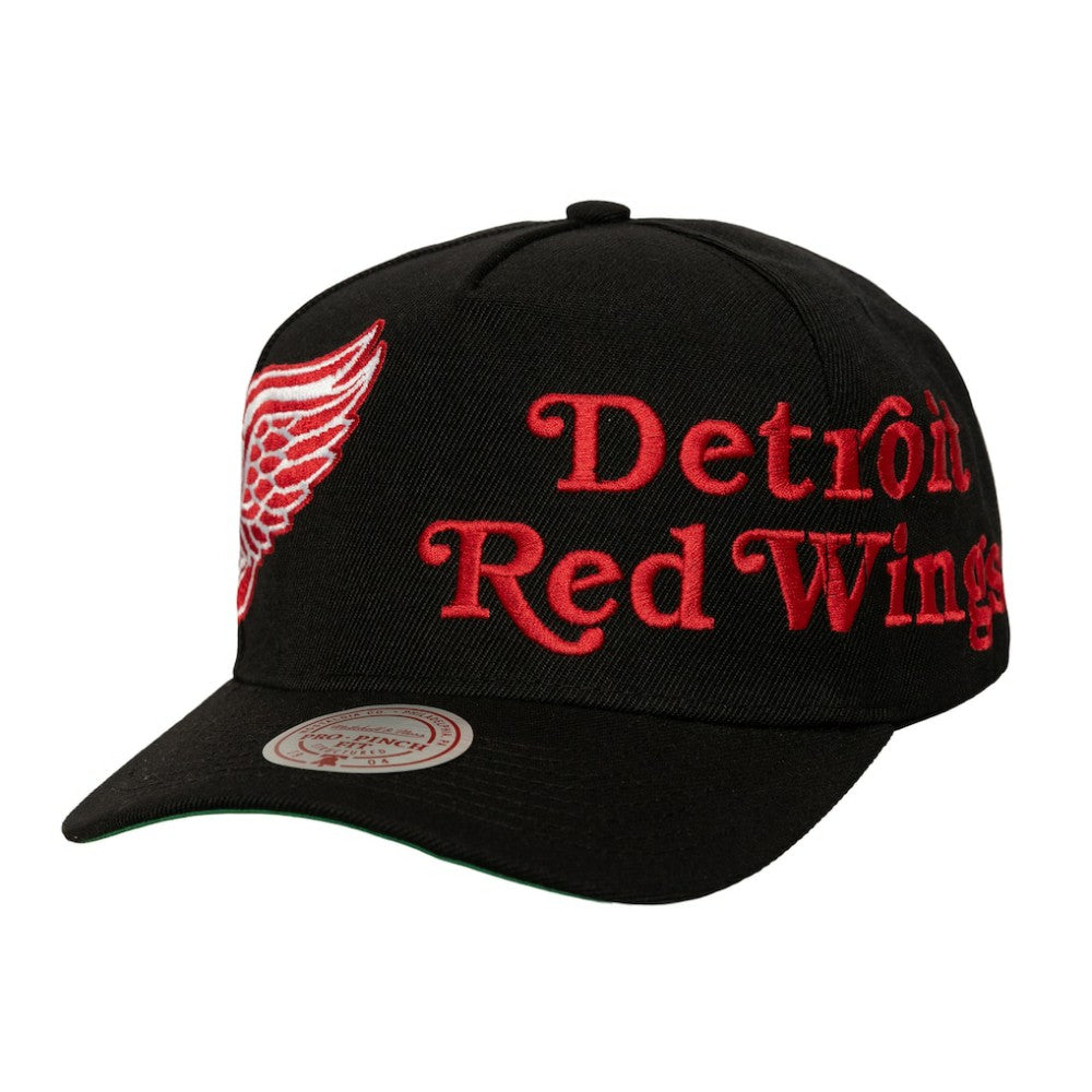 Detroit Red Wings Mitchell & Ness Busted Logo Wordmark Wrap-Around Pro Pinch Adjustable Hat - Black Hats