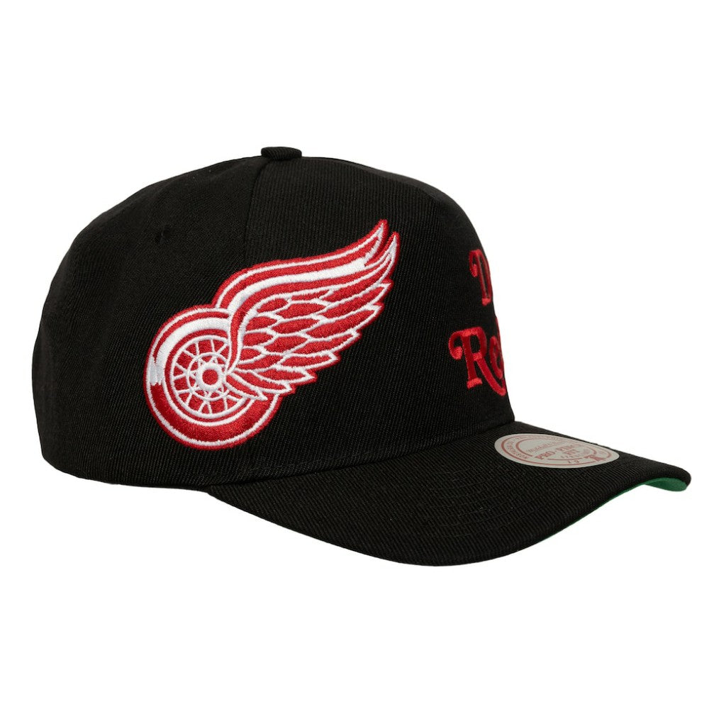Detroit Red Wings Mitchell & Ness Busted Logo Wordmark Wrap-Around Pro Pinch Adjustable Hat - Black Hats