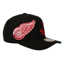 Detroit Red Wings Mitchell & Ness Busted Logo Wordmark Wrap-Around Pro Pinch Adjustable Hat - Black Hats