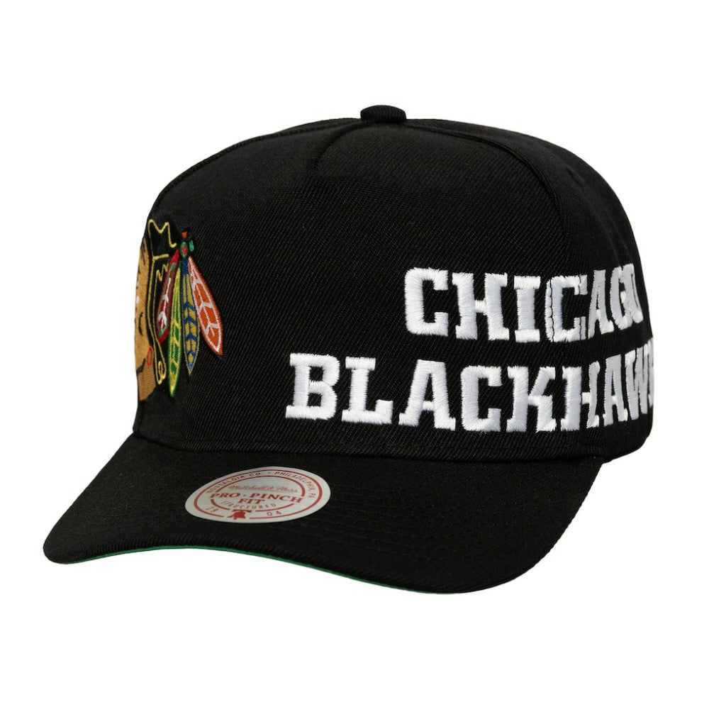 Chicago Blackhawks Mitchell & Ness Busted Logo Wordmark Wrap Around Pro Pinch Adjustable Hat - Black Hats