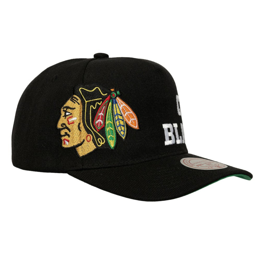 Chicago Blackhawks Mitchell & Ness Busted Logo Wordmark Wrap Around Pro Pinch Adjustable Hat - Black Hats