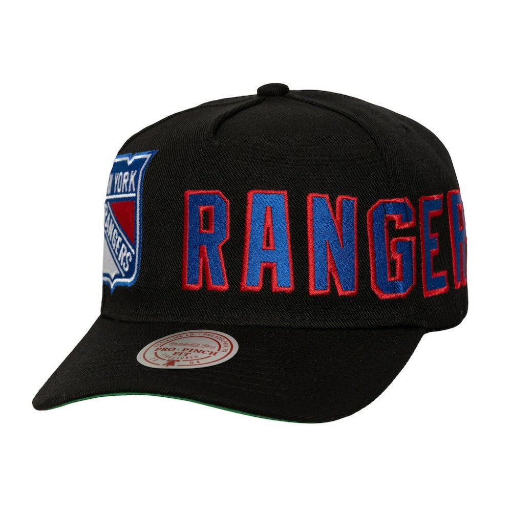 New York Rangers Mitchell & Ness Busted Logo Wordmark Wrap-Around Pro Pinch Adjustable Hat - Black Hats
