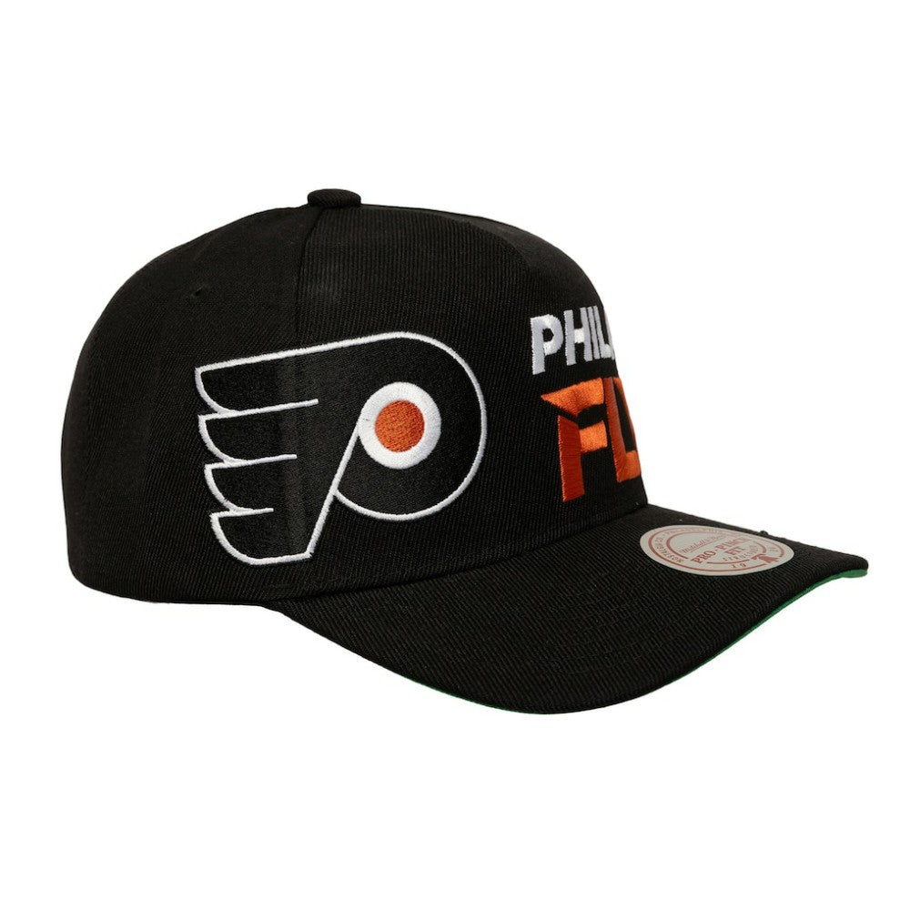Philadelphia Flyers Mitchell & Ness Busted Logo Wordmark Wrap-Around Pro Pinch Adjustable Hat - Black Hats
