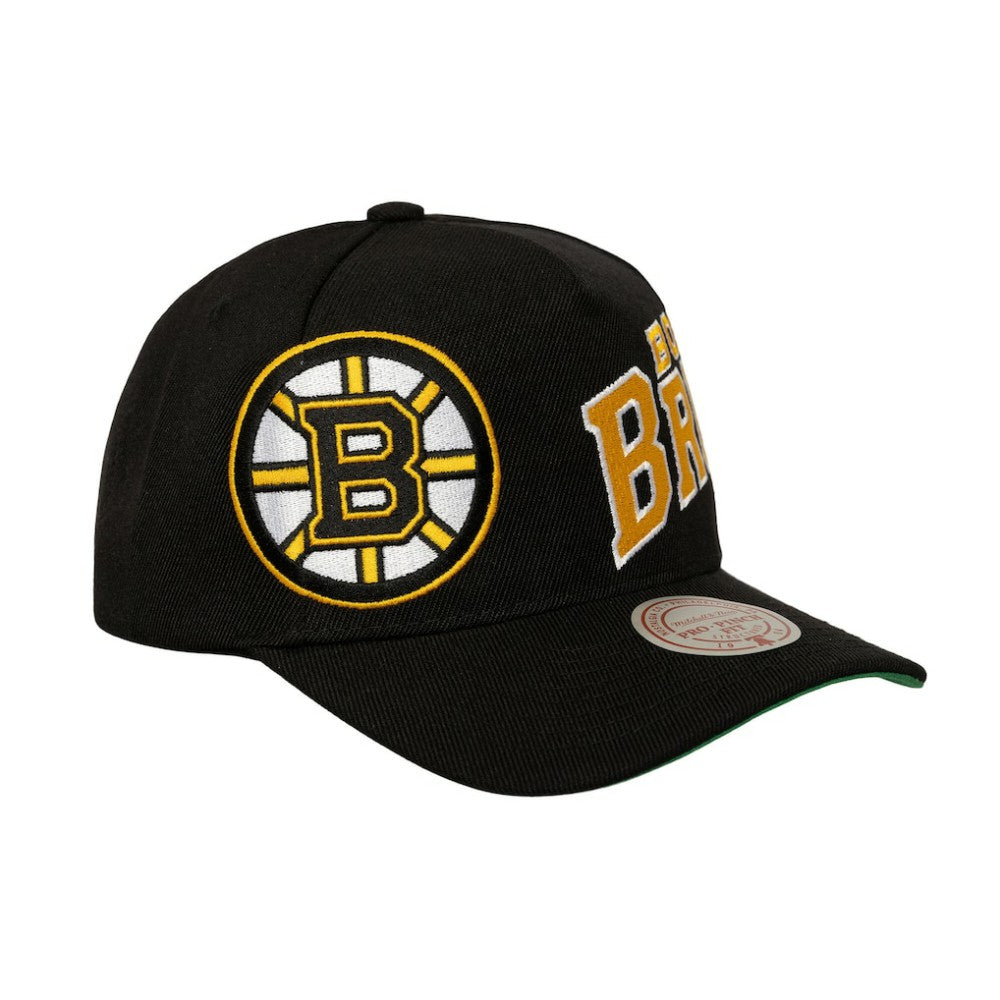 Boston Bruins Mitchell & Ness Busted Logo Wordmark Wrap-Around Pro Pinch Adjustable Hat - Black Hats