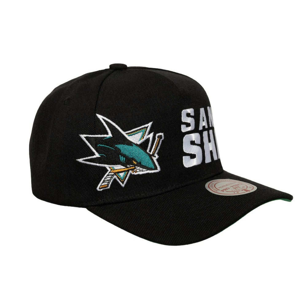 San Jose Sharks Mitchell & Ness Busted Logo Wordmark Wrap-Around Pro Pinch Adjustable Hat - Black Hats
