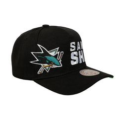 San Jose Sharks Mitchell & Ness Busted Logo Wordmark Wrap-Around Pro Pinch Adjustable Hat - Black Hats