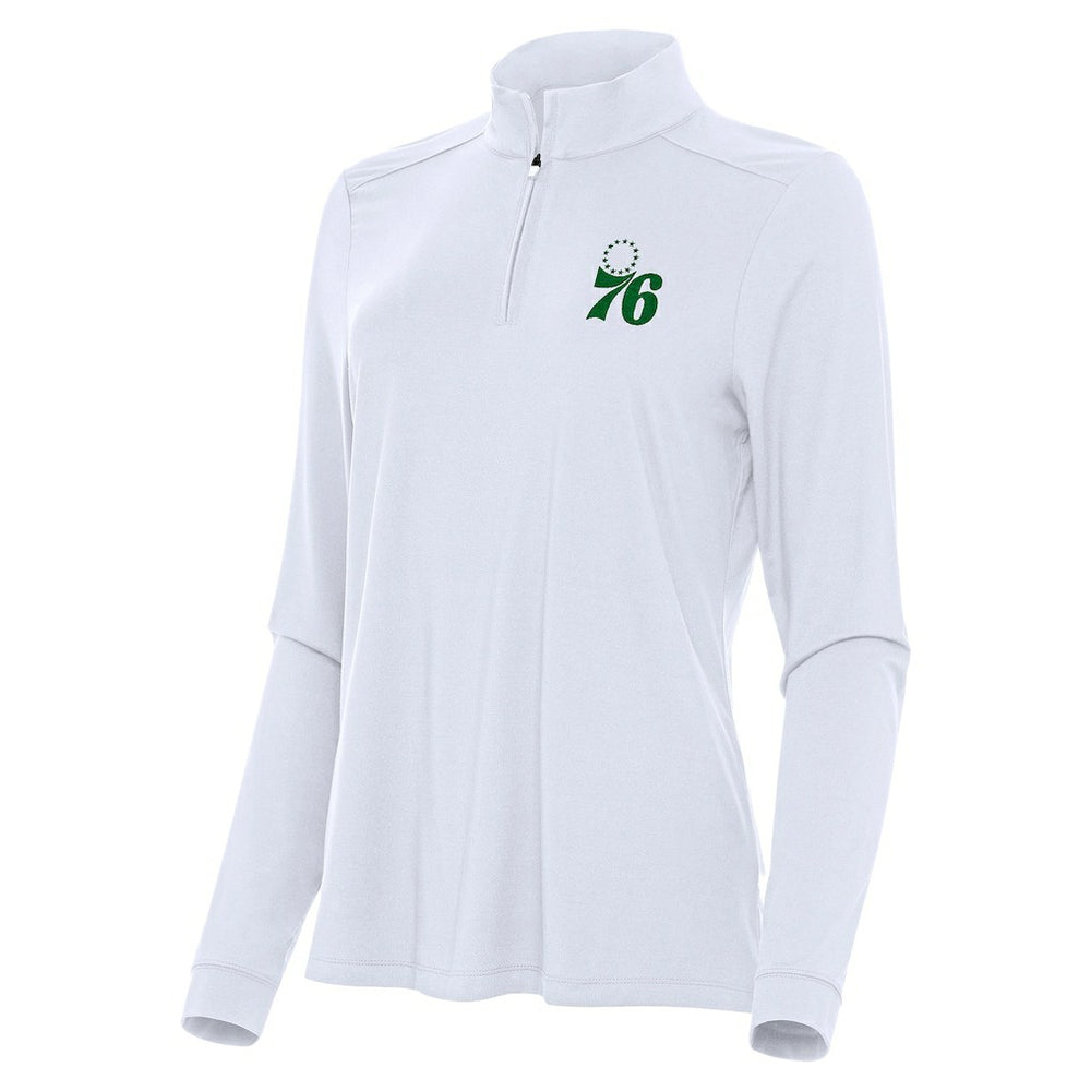 Philadelphia 76ers Antigua Women's St. Patrick's Day Intent Quarter-Zip Top - White for sale