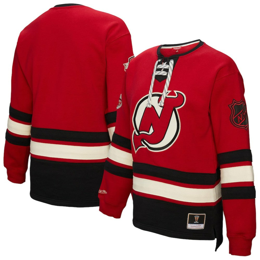 New Jersey Devils Mitchell & Ness Women's Heritage Lace-Up Pullover Sweatshirt - Red Sweatshirts