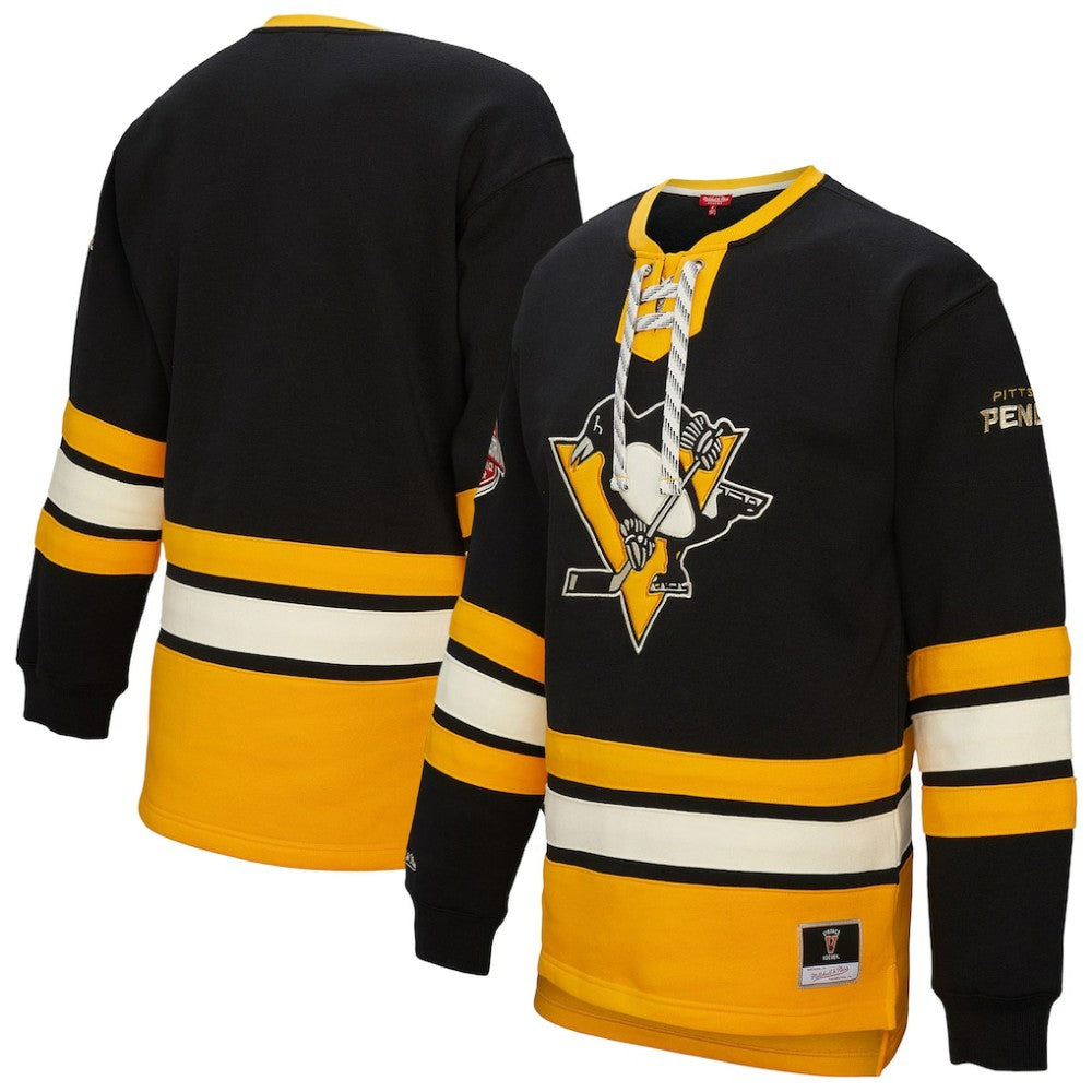 Pittsburgh Penguins Mitchell & Ness Women's Heritage Lace-Up Pullover Sweatshirt - Black Sweatshirts