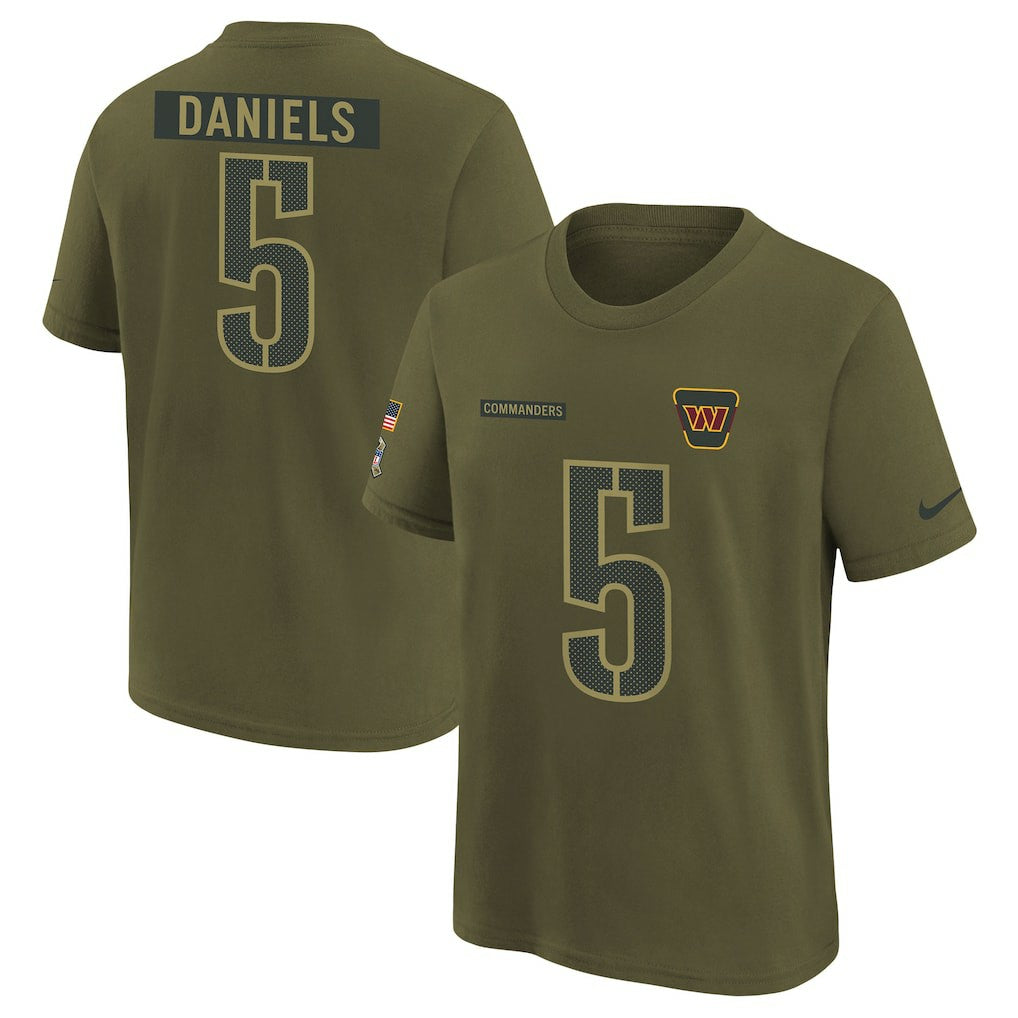 Jayden Daniels Washington Commanders Youth 2025 Salute to Service Name & Number T-Shirt - Olive for sale
