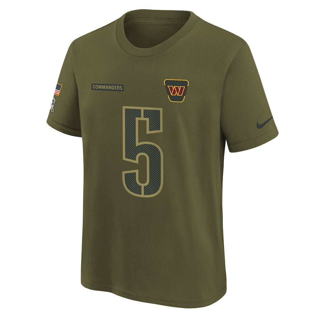 Jayden Daniels Washington Commanders Youth 2025 Salute to Service Name & Number T-Shirt - Olive for sale