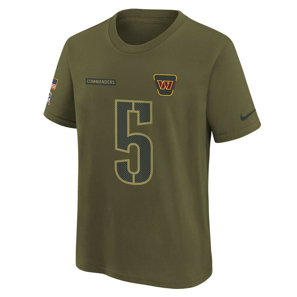 Jayden Daniels Washington Commanders Youth 2025 Salute to Service Name & Number T-Shirt - Olive for sale