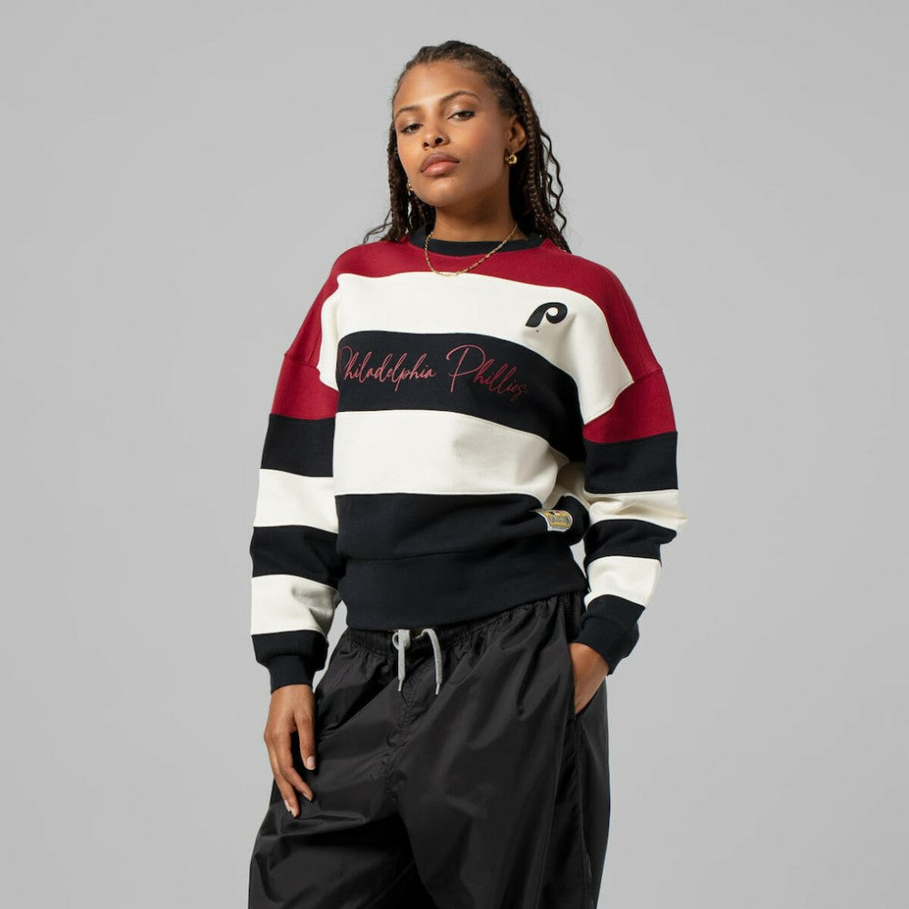 Philadelphia Phillies Women's Cooperstown Collection Blocked Fleece Pullover Sweatshirt- Burgundy/Black
