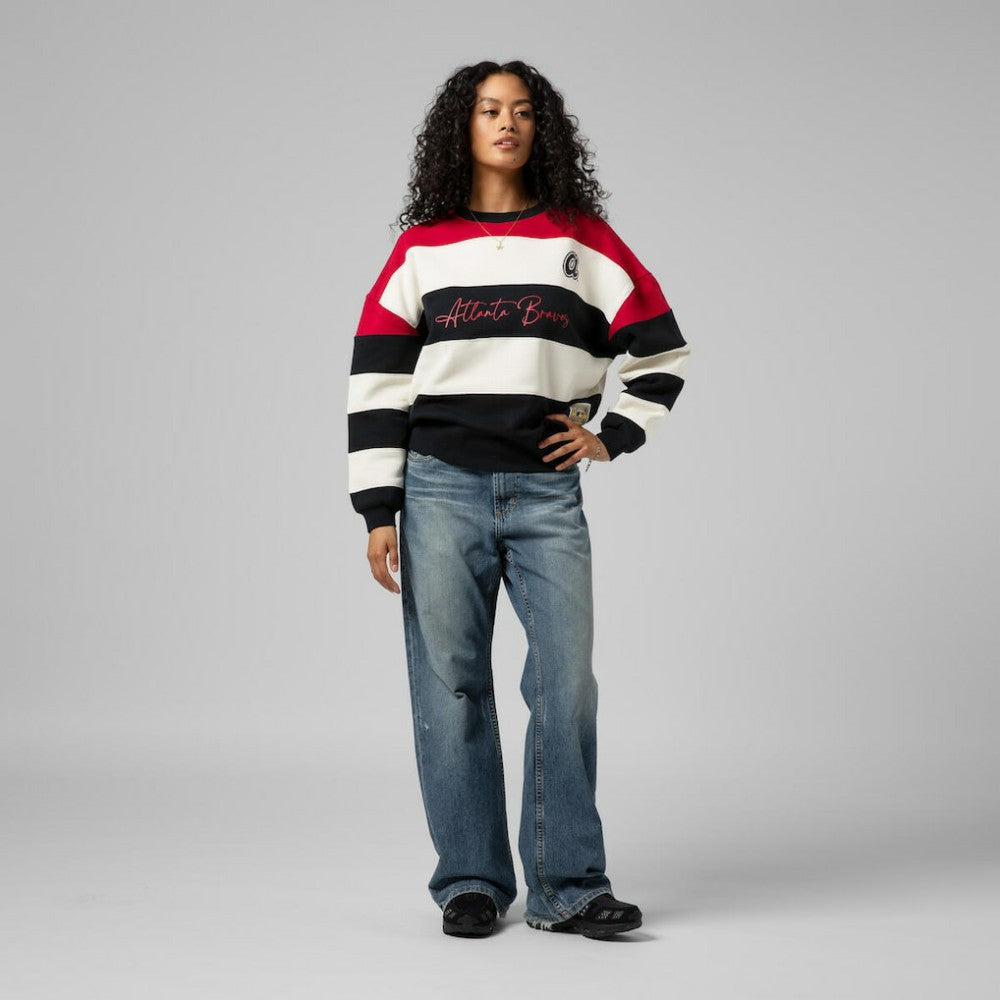 Atlanta Braves Women's Cooperstown Collection Blocked Fleece Pullover Sweatshirt- Red/Black