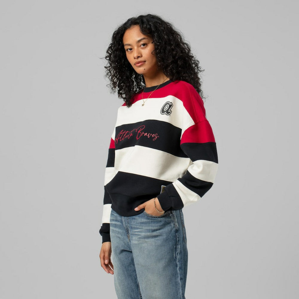 Atlanta Braves Women's Cooperstown Collection Blocked Fleece Pullover Sweatshirt- Red/Black