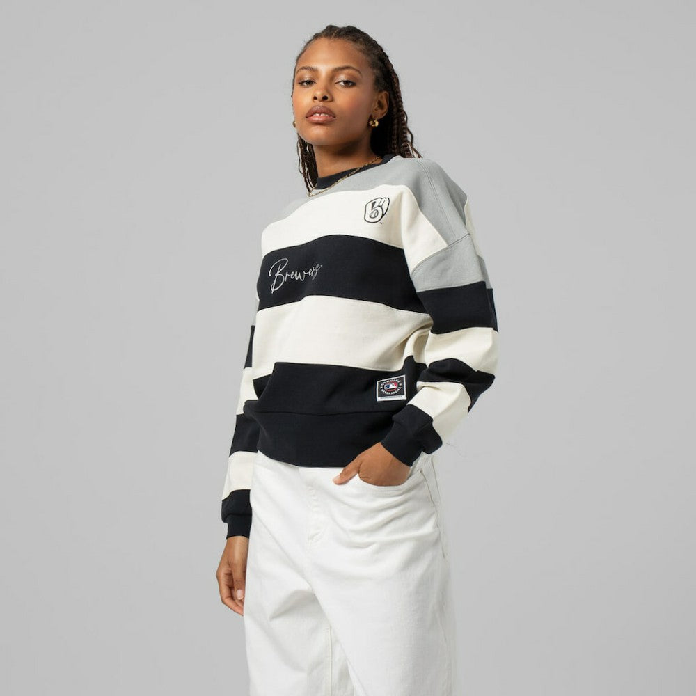 Milwaukee Brewers Women's Cooperstown Collection Blocked Fleece Pullover Sweatshirt- Gray/Black