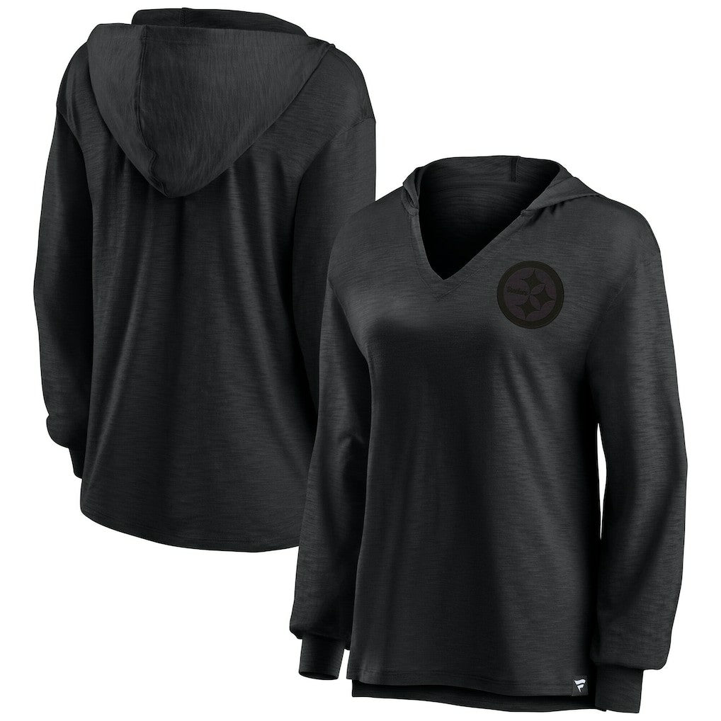 Pittsburgh Steelers Women's Blackout Slub Hoodie V-Neck Long Sleeve T-Shirt outlet