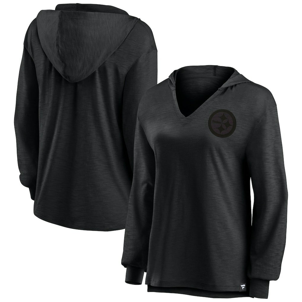 Pittsburgh Steelers Women's Blackout Slub Hoodie V-Neck Long Sleeve T-Shirt outlet
