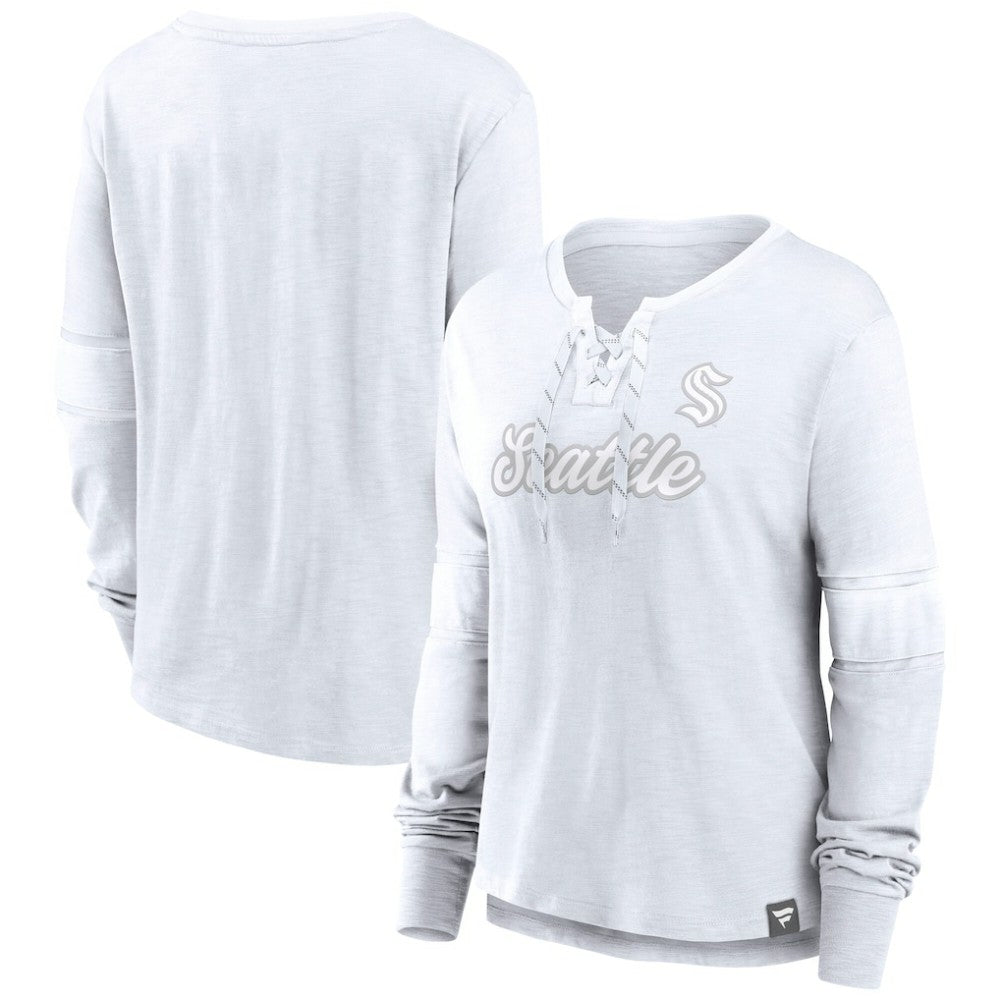 Seattle Kraken Fanatics Women's White Out Lace-Up Fashion Long Sleeve T-Shirt T-shirts