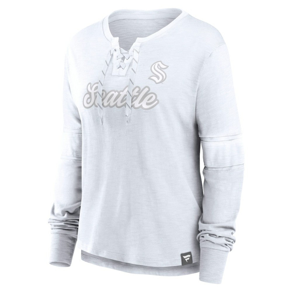 Seattle Kraken Fanatics Women's White Out Lace-Up Fashion Long Sleeve T-Shirt T-shirts