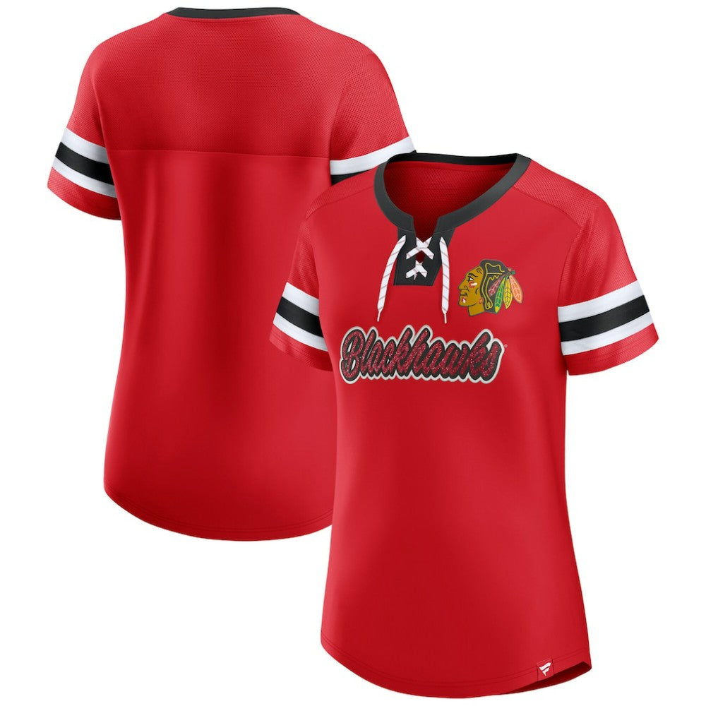Chicago Blackhawks Fanatics Women's Iconic Athena Lace-Up T-Shirt - Red T-shirts