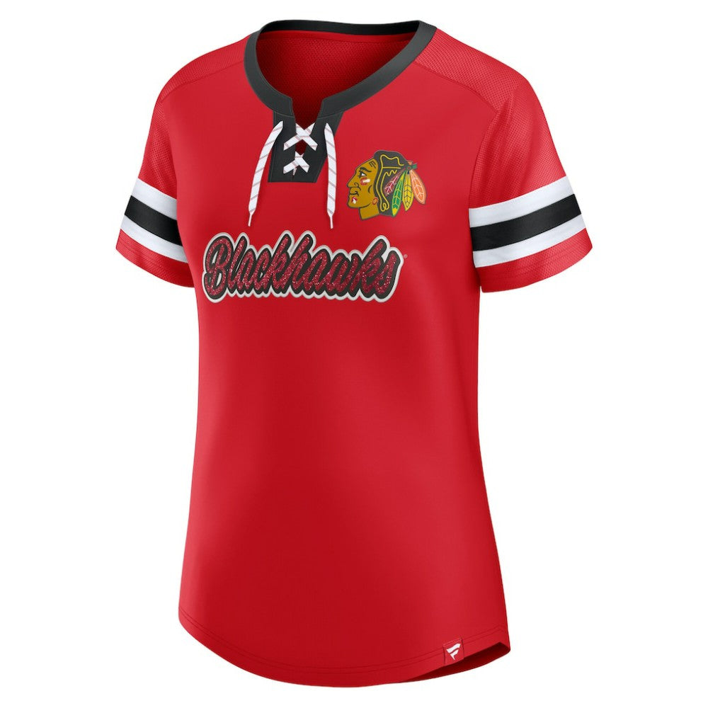 Chicago Blackhawks Fanatics Women's Iconic Athena Lace-Up T-Shirt - Red T-shirts
