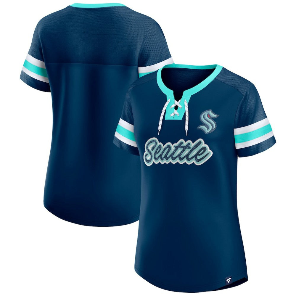 Seattle Kraken Fanatics Women's Iconic Athena Lace-Up T-Shirt - Deep Sea Blue T-shirts