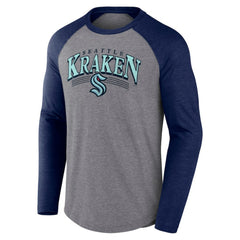Seattle Kraken Fanatics Goal Crease Raglan Tri-Blend Long Sleeve T-Shirt - Heather Gray/Heather Deep Sea Blue T-shirts