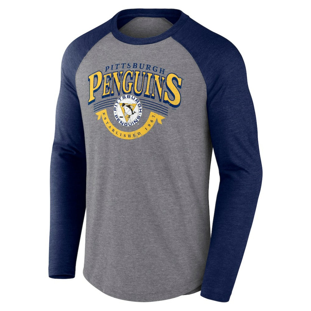 Pittsburgh Penguins Fanatics Goal Crease Raglan Tri-Blend Long Sleeve T-Shirt - Heather Gray/Heather Navy T-shirts